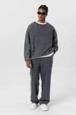 Premıum Yıkamalı Yırtık Detaylı Oversize Eşofman Takım Siyah