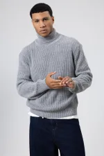 Oversize Triko Boğazlı Kazak Gri Melanj