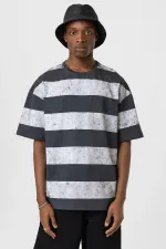 Yıkamalı Şeritli Oversize Tişört Gri - Beyaz