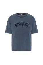 Yıkamalı Oversize Baskılı Tişört İndigo