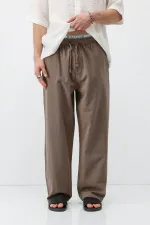 Bel Lastikli Baggy Fit Keten Pantolon Açık Kahve