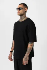 Arka Yazı Baskılı Oversize Triko Tişört Siyah