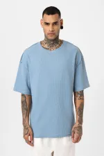 Arka Yazı Baskılı Oversize Triko Tişört Mavi