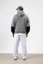 Oversize Baskılı Kapüşonlu Sweatshirt Füme