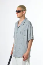 Oversize Deliklı Triko Gömlek Gri