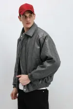 Oversize Deri Bomber Ceket Gri