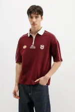 Fermuarlı Yaka Baskılı Oversize Tişört Bordo