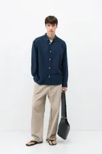 Basic Oversize Pamuk  Keten Gömlek Lacivert