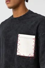 Yıkamalı Cep Detaylı Oversize Tişört Siyah