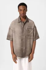 Yıkamalı Kısa Kollu Oversize Gömlek Kahve