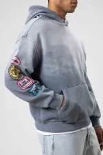 Oversize Baskılı Kapüşonlu Sweatshirt Gri