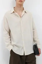 Uzun Kollu Basic Oversize Gömlek Bej