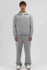 Oversize Fermuarlı Dik Yaka Sweatshirt Gri