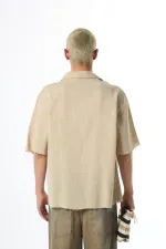 Dikişsiz Kısa Kol Cepsiz Oversize Keten Gömlek Bej