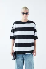 Digitally Printed Striped 100% Cotton Oversize T-Shirt Black