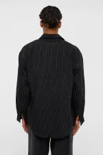 Oversize Çizgili Uzun Kollu Gömlek Siyah