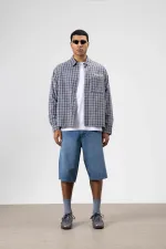 Oversize Kareli Arka Baskılı Uzun Kol Gömlek Gri-Lacivert