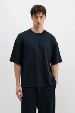 Fitilli Dokulu Oversize Tişört Lacivert