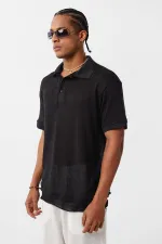 Polo Yaka Triko Oversize Tişört Siyah