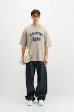 Yıkamalı Yazı Baskılı Oversize Tişört Bej