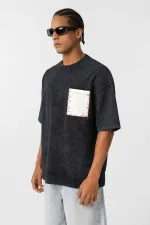 Yıkamalı Cep Detaylı Oversize Tişört Siyah