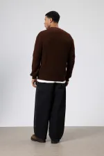 V Yaka Düğmeli Örgü Hırka Kazak Kahve