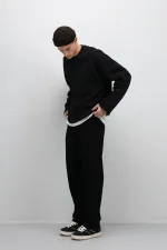 Pileli Zincir Detaylı Baggy Jean Siyah