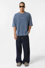 Yıkamalı Arka Baskılı Oversize Tişört İndigo