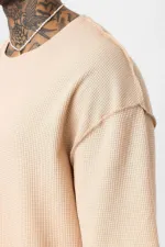 Arka Yazı Baskılı Oversize Triko Tişört Bej