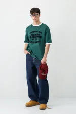 Baskılı Bisiklet Yaka Oversize Tişört Nefti