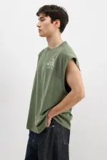 Baskılı Kolsuz Oversize Tişört Haki