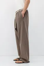 Kemer Detaylı Oversize Keten Pantolon Vizon