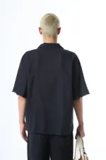 Dikişsiz Kısa Kol Cepsiz Oversize Keten Gömlek Siyah