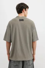 Baskılı Fitilli Oversize Tişört Haki