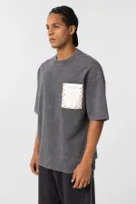 Yıkamalı Cep Detaylı Oversize Tişört Füme