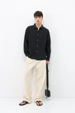 Textured Linen Look Oversize Shirt Black