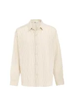 Oversize Çizgili Uzun Kollu Gömlek Bej