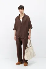 Müslin Kumaş Rahat Kalıp Keten Takım Kahve