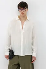 Dokulu Oversize Gömlek Ekru