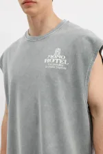 Baskılı Kolsuz Oversize Tişört Gri