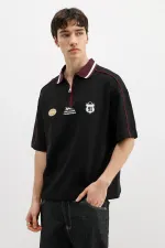 Fermuarlı Yaka Baskılı Oversize Tişört Siyah