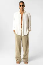 Bel Lastikli Baggy Fit Keten Pantolon Açık Haki