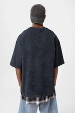 Yıkamalı Oversize Ekose Detaylı Tişört Siyah
