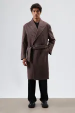 Oversize Kruvaze Kaşe Kaban Açık Kahve