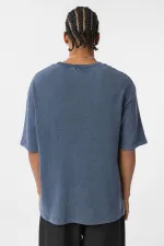 Yıkamalı Oversize Baskılı Tişört İndigo