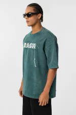 Yıkamalı Oversize Baskılı Tişört Petrol