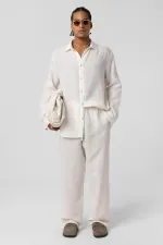 Baggy Fit Müslin Keten Pantolon Ekru