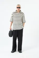 Oversize Çizgili Fermuarlı Yaka Triko Tişört Ekru