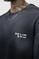 Yıkamalı Yazı Detaylı Oversize Tişört Siyah