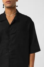 Çift Cepli Oversize Keten Gömlek Siyah